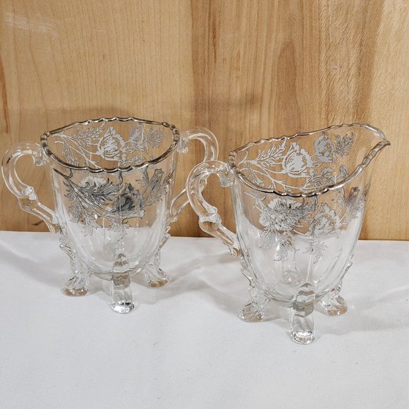Viking Glass Silver City Flanders Creamer and Sugar 4 toed poppy silver overlay - Picture 6 of 12